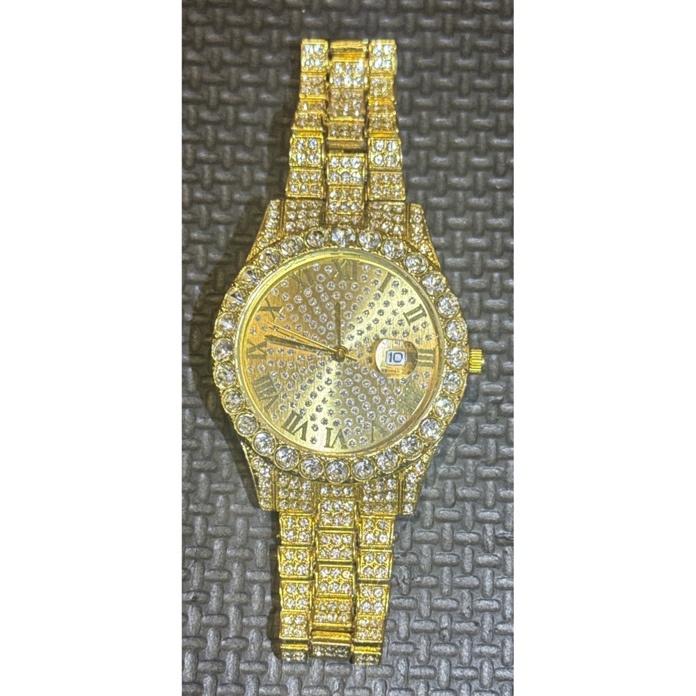 Hip Hop Iced Watch Gold-Toned Rapper Bling Simulated Diamond Studded Dial Luxury